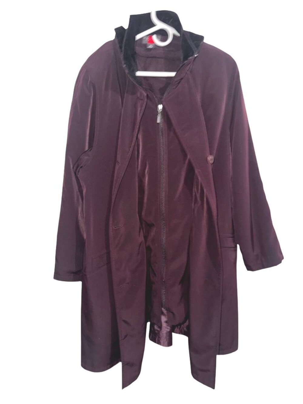 Gallery Woman Hooded Burgundy Coat 2X With Zipper & Button Closure Polyester Nyl - Picture 2 of 11